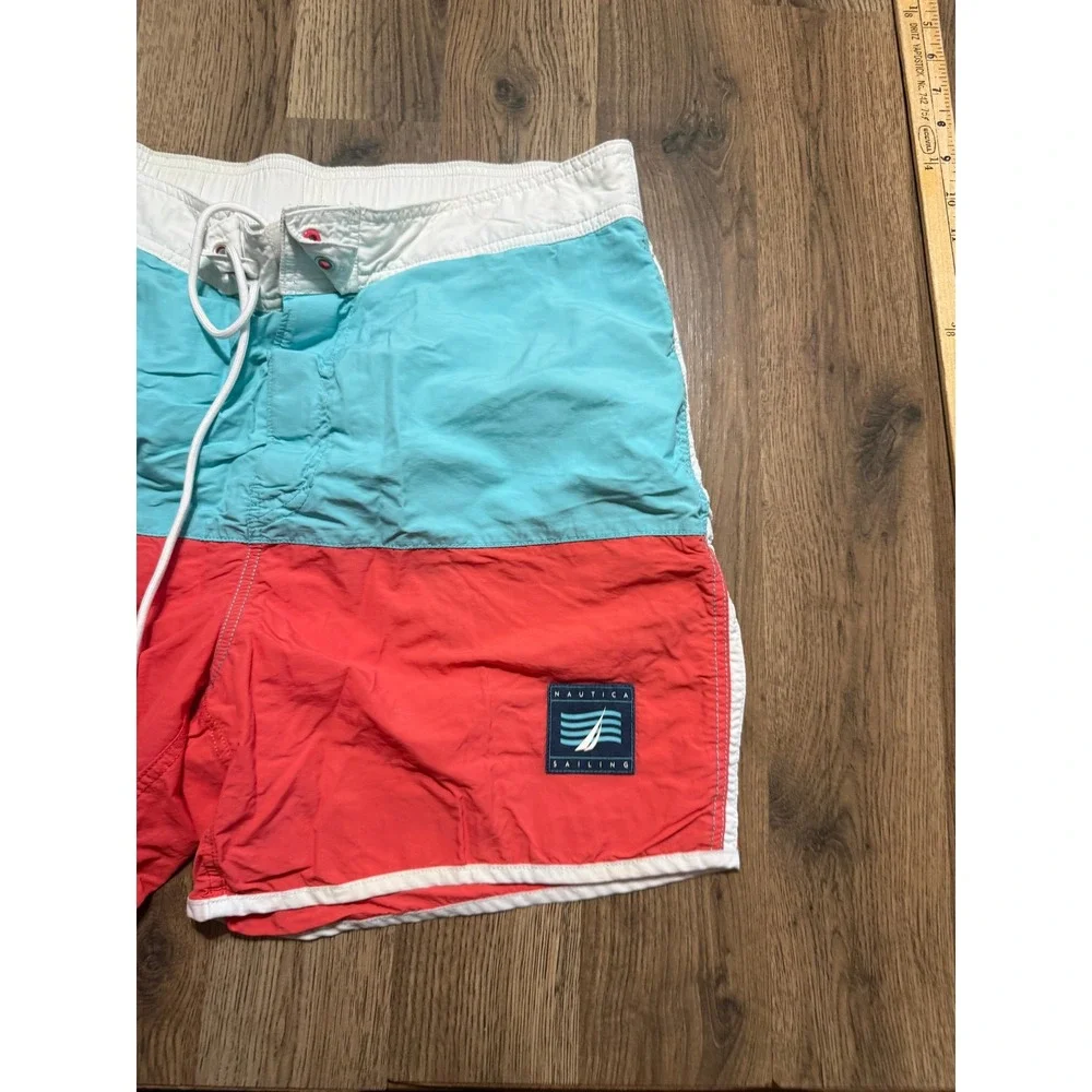 Nautica Swim Trunks Mens L Teal Red Sailing Colorblock Board Shorts Excellent